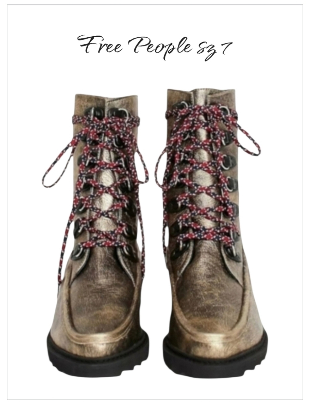 Free People Fallon Metallic Gold Leather Lace Up Wedge Hiker Boots Size 7